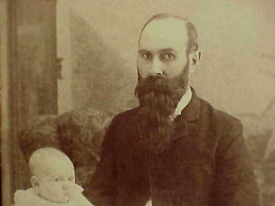 1890 antique Cabinet Card photo Bearded Father & baby ID'd Derby Center Vermont