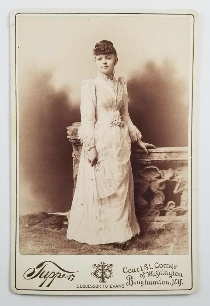 ID'd Cabinet Card Photo Woman In Beautiful Lacey Dress Fan Tupper Binghamton NY