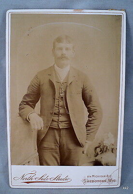 Antique Cabinet Photo Man w/ Moustache & Watch Fob NorthSide Studio Sheboygan WI