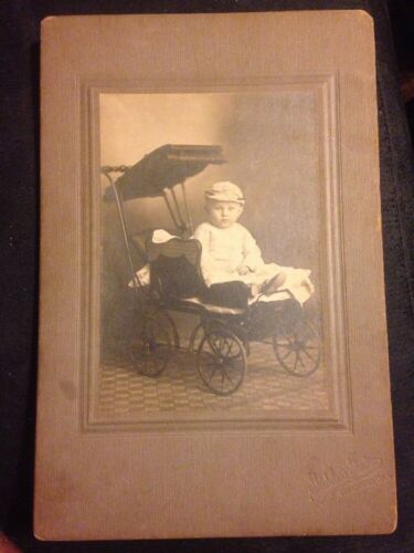 Vintage Original Photo Baby Boy In Leather And Wicker Carriage Pram Stroller