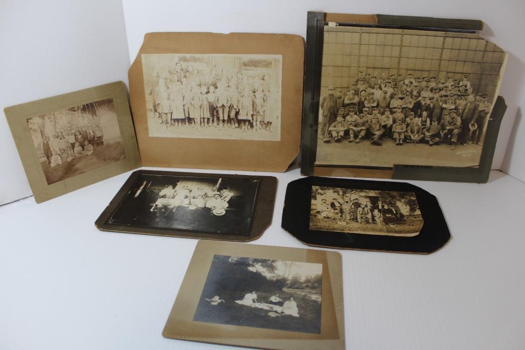 6  Antique Victorian Cabinet Cards Photographs Family, Groups, PicNic, Bicycle