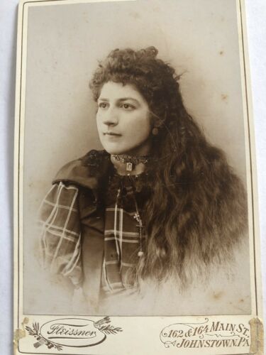 Antique Cabinet Photo Photograph Girl Long Wavy Hair Fancy Jewelry Dime Earrings