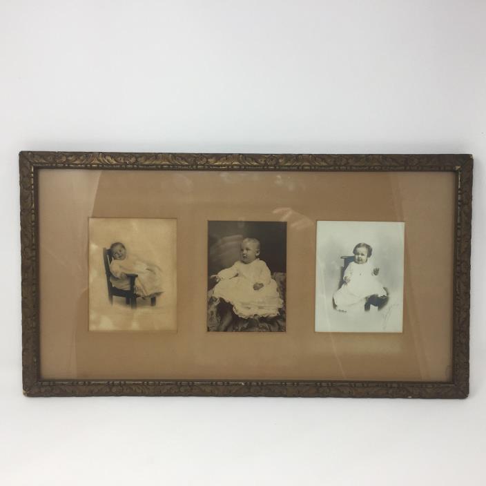 Studio Photo Three Sibling Babies 1910 Gold Colored Frame Cabinet Card