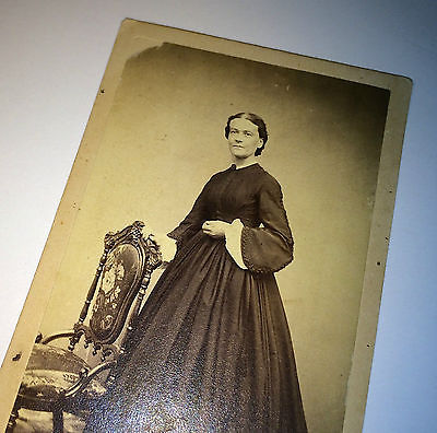 Antique Victorian Civil War Era Fashion Woman, Long Dress! Fancy Chair CDV Photo