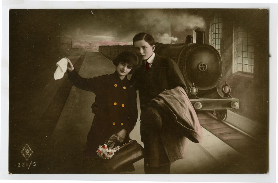 1910s Kids Child Children TRAIN STATION Locomotive photo postcard