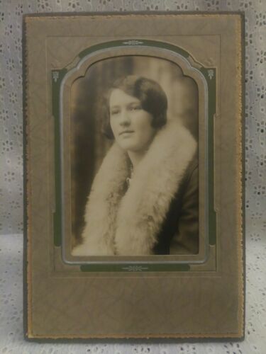 Vintage Antique Black and White Studio Photo Pretty Woman With Fur Collar