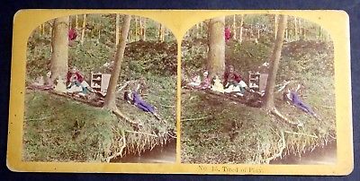 1880'S STEREOVIEW CARD TINTED CHILDREN TIRED OF PLAY #15 BY KILBURN BRO