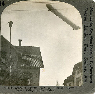ZEPPELIN FLYING OVER A GERMAN TOWN LOWER RHINE VALLEY STEREOVIEW by Keystone