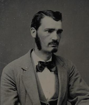 TINTYPE PHOTO #T279 MAN W/ MUSTACHE & SIDE BURNS POSING IN NICE SUIT & BOW TIE