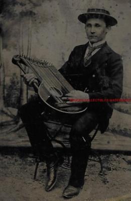 TINTYPE PHOTO #T102 RARE MAN - MUSICIAN PLAYING ALPINE ZITHER MUSICAL INSTRUMENT