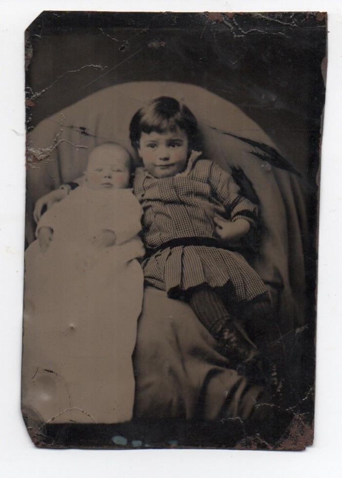 Adorable 1880s Quarter Plate Tintype of Girl hugging Baby