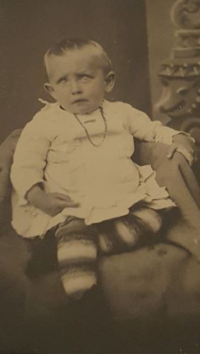 Vintage Antique Tintype Photograph Baby Toddler Boy? Girl? Striped stockings
