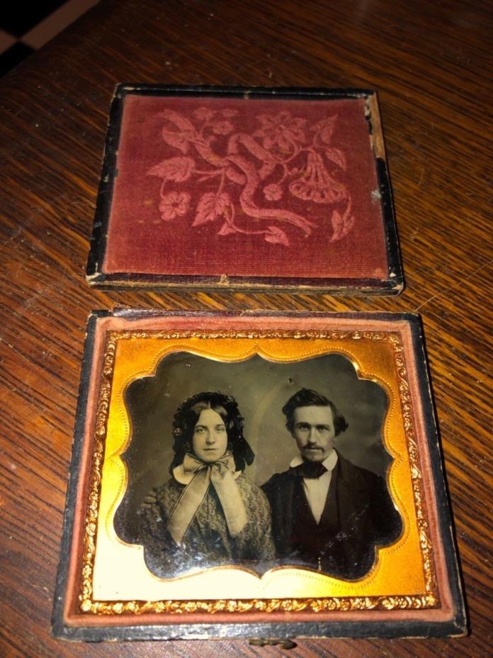 Antique Gutta Percha Photo Case Civil War Era hand colored Cheek Handsome Couple