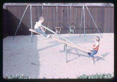 Kids Play On Seesaw With Swing Set In Background Vtg Mounted Color Photo Slide