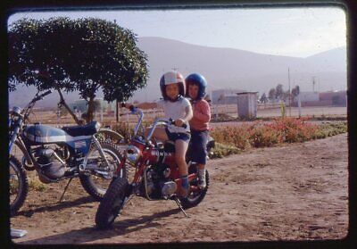 Two Kids In Helmet Sit On Motorcycle Trail Bike Vtg Mounted Color Photo Slide