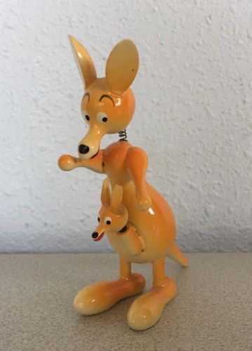 Vintage Goula Spain Spring Bobble Painted Wood Kangaroo w/baby Figurine Wooden