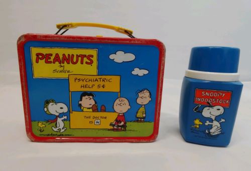Vintage 1973 PEANUTS Charlie Brown Lucy Snoopy Metal Lunch Box WITH THERMOS