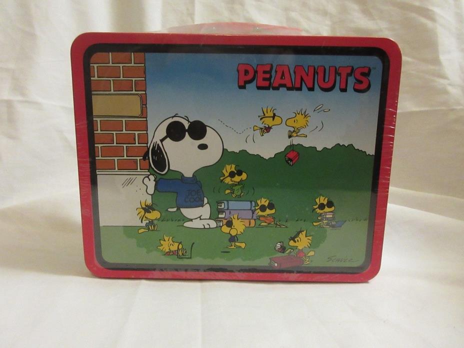 VTG Peanuts Snoopy Joe Cool Metal Tin Lunch Box 1998 Red Woodstock NEW w/Candies
