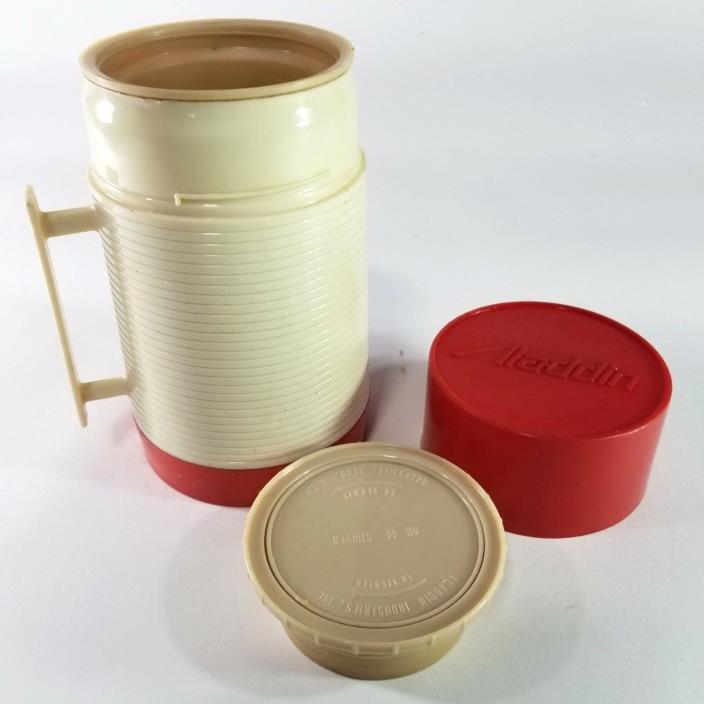 Vintage Aladdin Hy-Lo 16 Oz. Wide mouth Thermos Red Off White Tan - Made in USA