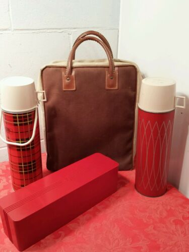 Vintage Thermos Skotch Plaid Picnic Set With Bag / Sandwich box /2 Thermos