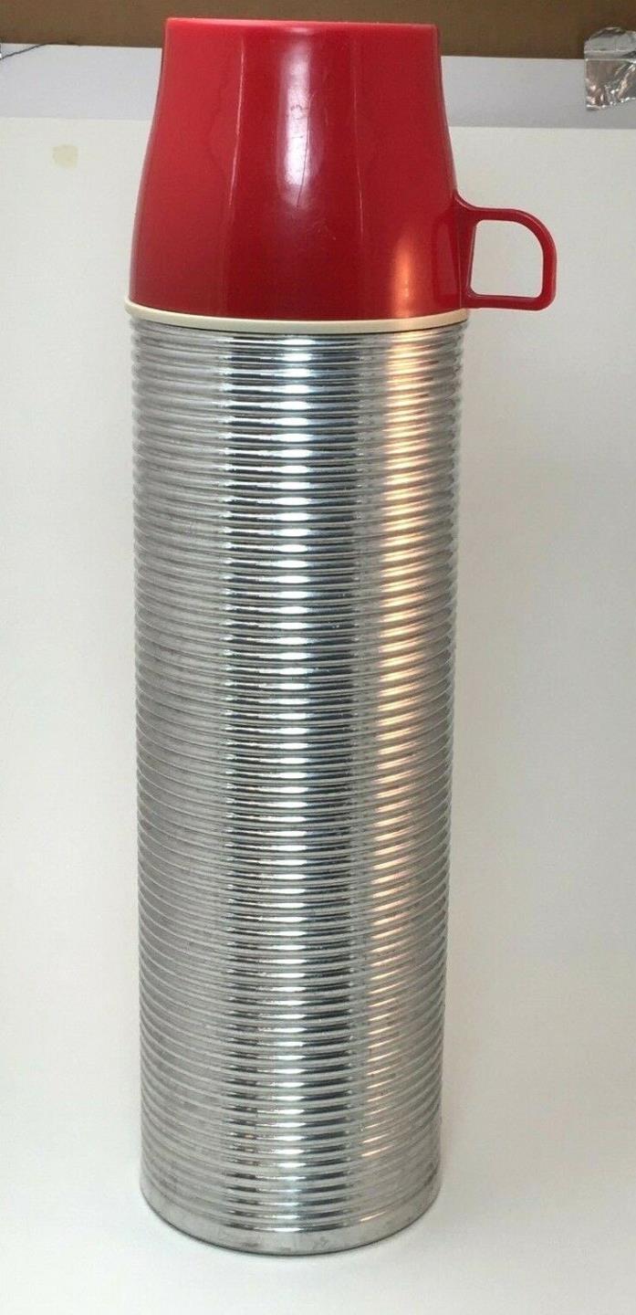 Vintage Thermos Aluminum Ribbed Silver Quart Size Red Lid Made in USA