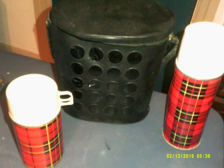 VINTAGE SET OF 2 THERMOS BOTTLES WITH CARRY CASE RED BLACK CHECKER PATTERNS