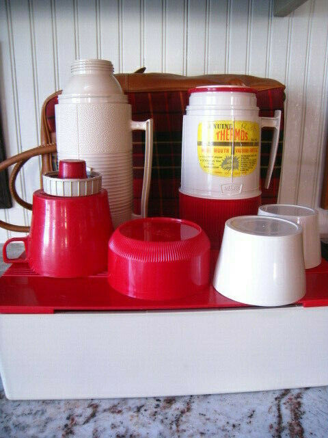 Very Nice Vintage Plaid Lunch Kit & 2 Plaid Thermos Bottles in Carry Case.