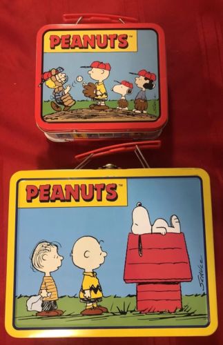 LOT OF 2 PEANUTS TIN LUNCH BOX BOXES SNOOPY CHARLIE BROWN BASEBALL COMIC STRIP!