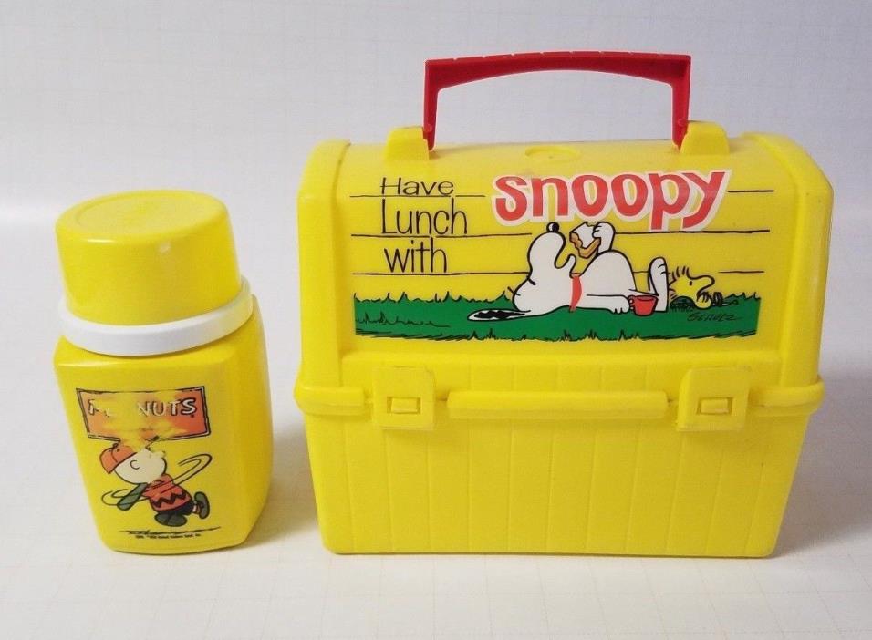 70's Vintage PEANUTS Have Lunch with SNOOPY Plastic Yellow Lunch Box and Thermos