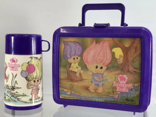 Vintage Disney Ace Treasure Trolls Aladdin Plastic Purple Lunch Box Thermos 1992