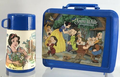 Vintage Disney Snow White & Seven Dwarfs Aladdin Plastic Blue Lunch Box Thermos