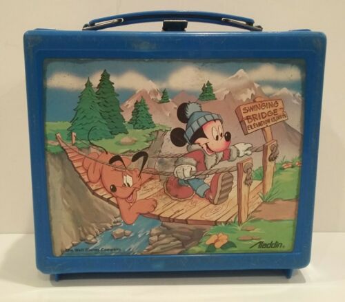 Vintage 80's Walt Disney Mickey Mouse Pluto Aladdin Lunchbox Blue Thermos Minnie