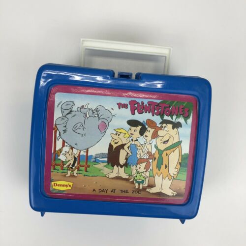 1989 Dennys FLINTSTONES Plastic Lunch Box w/ Thermos Day At The Zoo VTG