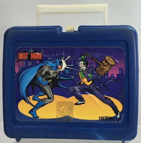 Vintage 1980s DC Comics Batman Joker Lunch Box Thermos Brand Blue Plastic 1982