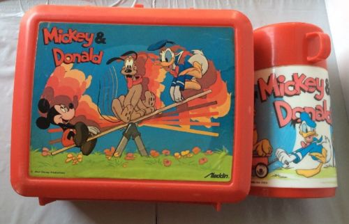 Vintage MICKEY & DONALD Pluto Disney Plastic Lunchbox Lunch Box Thermos Aladdin