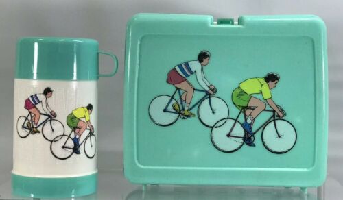 Vintage Bike Riders Bicycles Blue Green Teal Turquoise Plastic Lunch Box Thermos