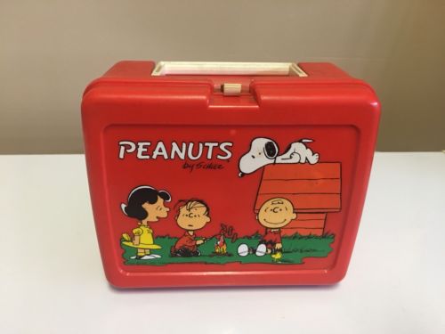 Vintage Peanuts Red Plastic Lunch Box With Thermos