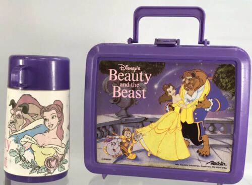 Vintage Disney Beauty And The Beast Aladdin Plastic Purple Lunch Box Thermos