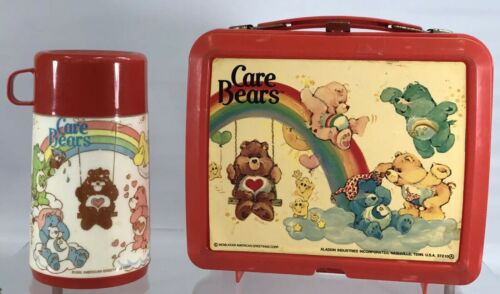 Vintage Carebears Aladdin Red Plastic Purple Lunch Box With Thermos Rainbow 1983