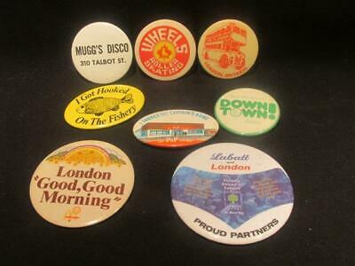 London Ontario 8 Vintage Pinbacks Labatts, Muggs, Wheels, Fishery & More