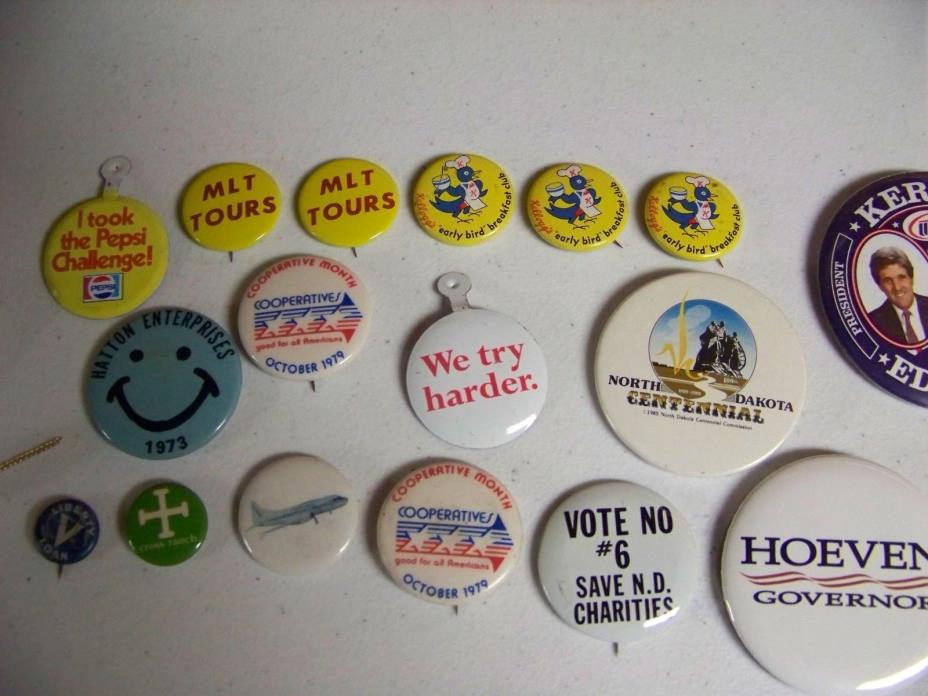 Button and Clip pins - Pepsi, Liberty V Loan, ND Political, Kellogg and more HCM