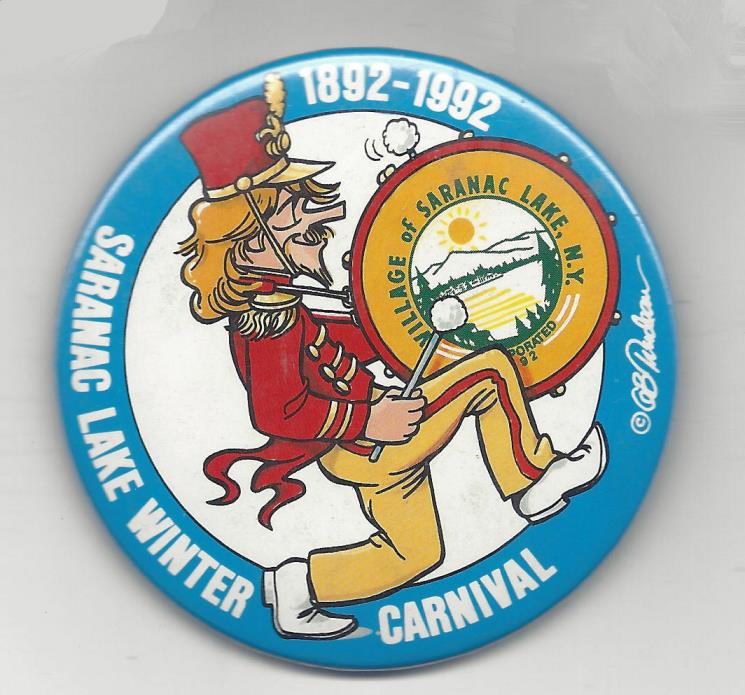 Saranac Lake NY 1992 Winter Carnival Button, Gary Trudeau collectible.