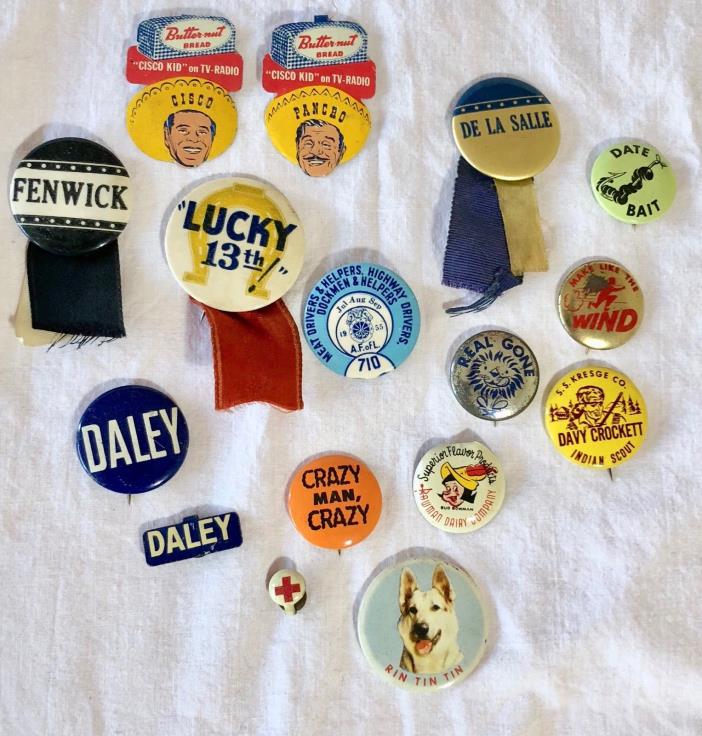 Vintage Pinback Buttons Lot of 16 Tin Badges    DM0497