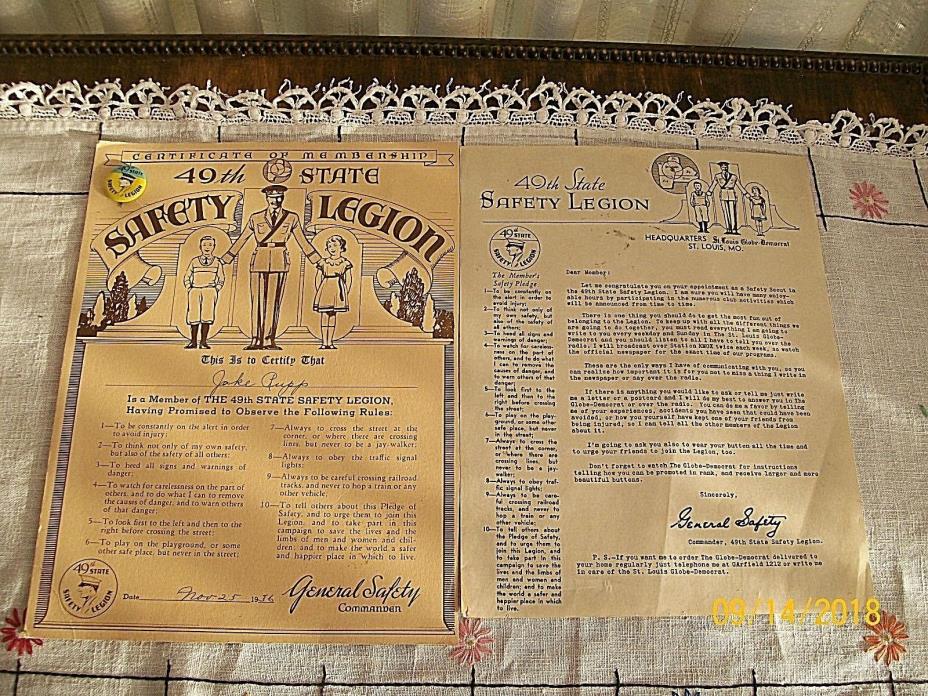 1936 49th State Safety Legion Letter, Certificate and Pin / All in Excellent Con