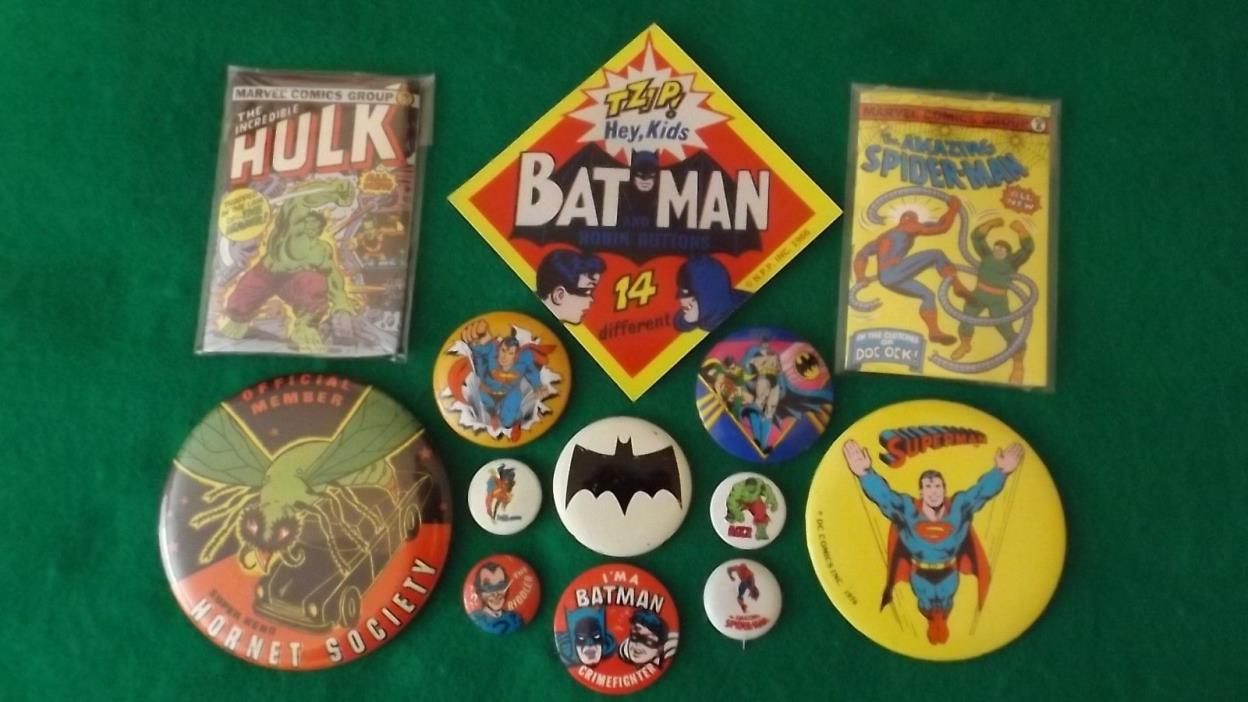 Vintage Lot 1960's & 70's Superhero Pinback Buttons Batman Superman Green Hornet