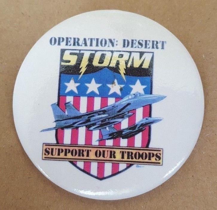 Operation Desert Storm pin back, pin, jets, support our troops, 2 3/16