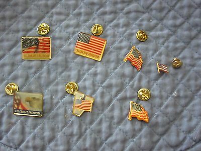 Lot of Seven Various American Flag Lapel Pins, Celebrate Freedom, V Victory