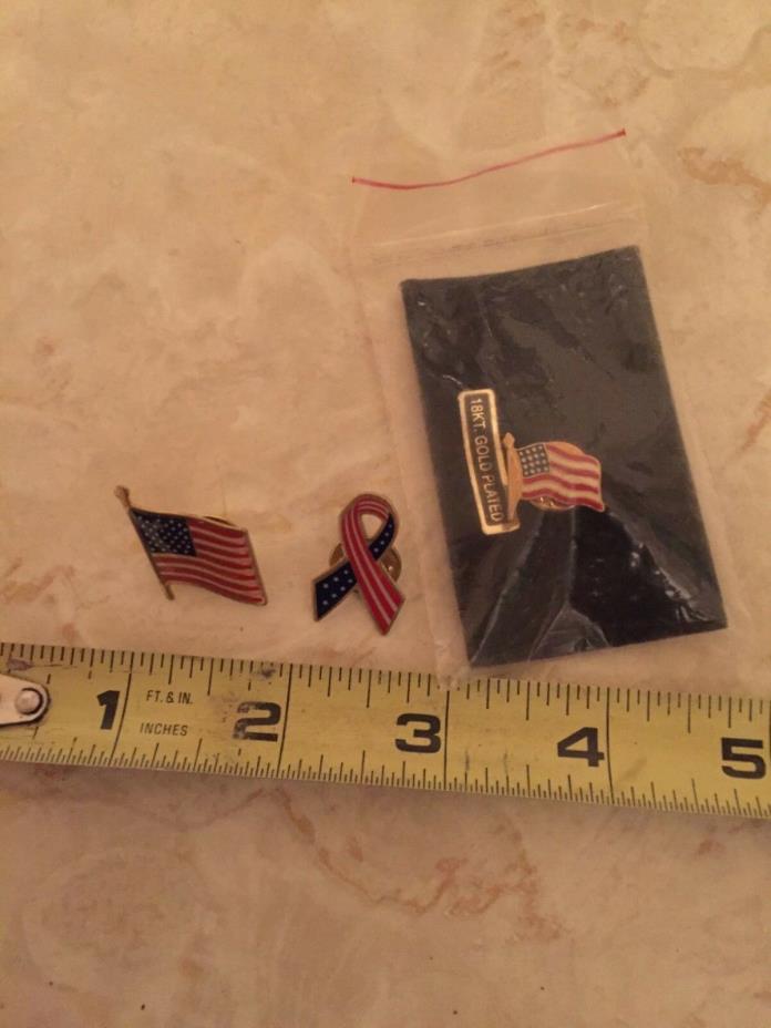 3 Different  American Waving Flag Lapel Pins Patriotic 18 k. Gold Fight Cancer