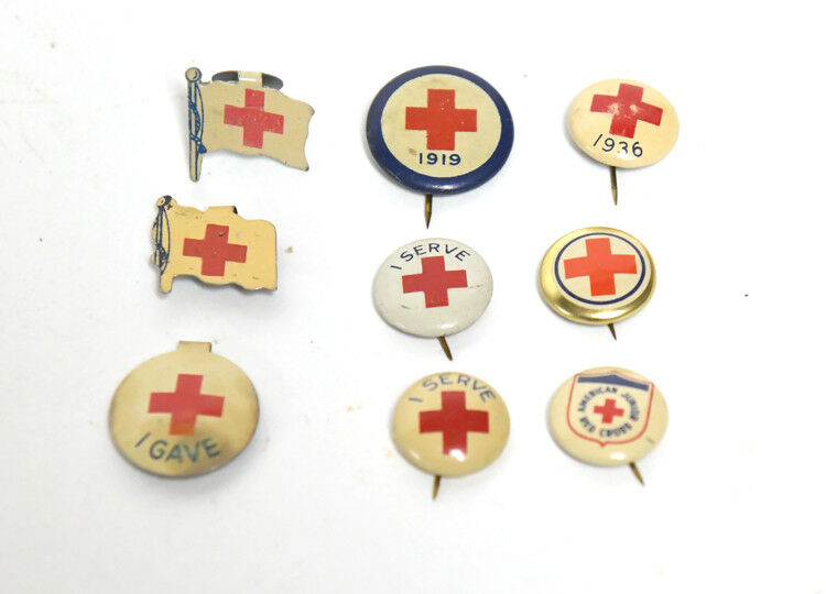 VINTAGE RED CROSS PINBACK BUTTONS LAPEL PINS 9 TOTAL 1919, 1936 JUNIOR + MORE