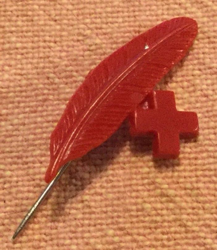Vintage Red Cross Red Feather w/Cross Plastic Lapel Hat Stick Pin Pins